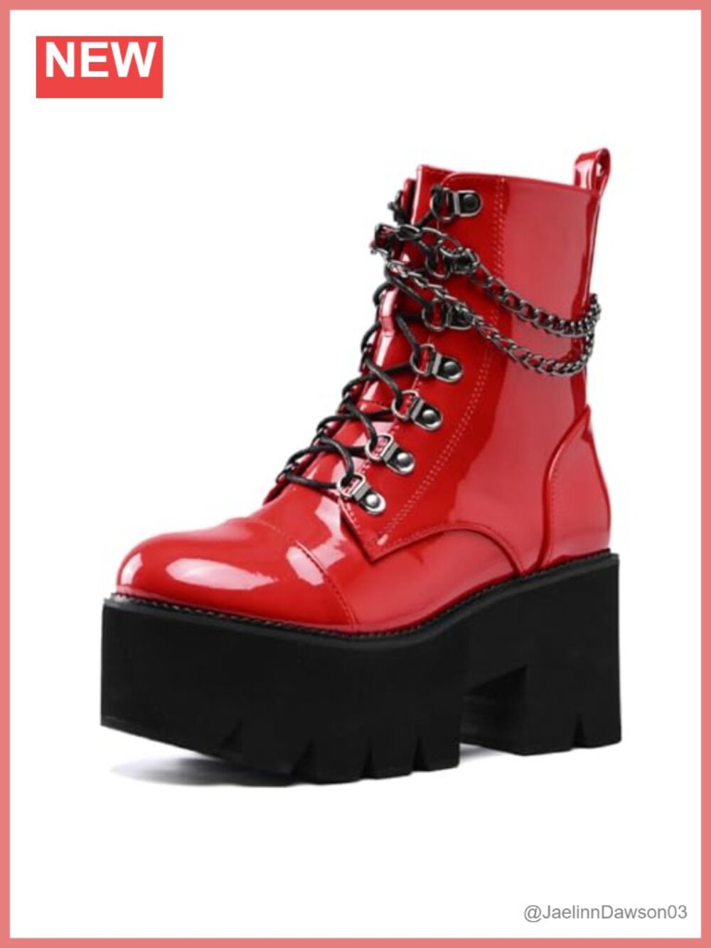 Patent Leather Chain Platform Block Heel Goth Ankle Boots Side Zipper Round Toe